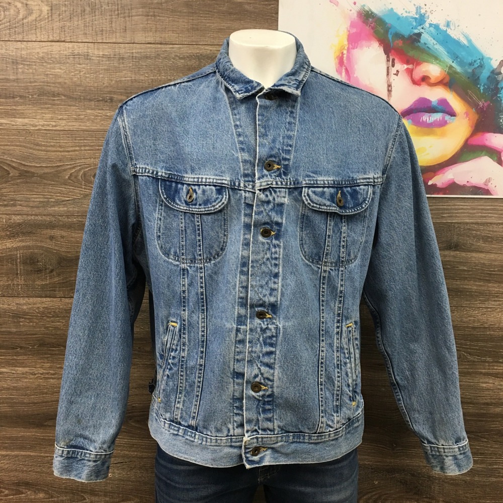 VINTAGE Lee Dungarees Mens XXL Long Denim Jacket Blue Cotton Made in USA